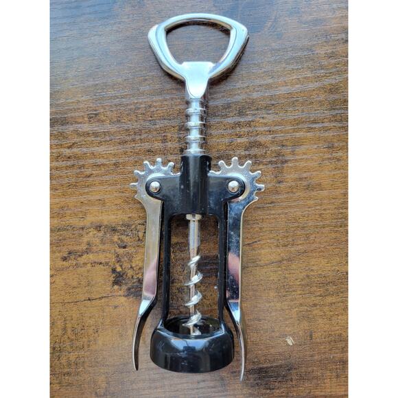 Black/Silver Corkscrew Wine Bottle Opener w/Fins - Push Down - Used - Italy - Picture 2 of 4